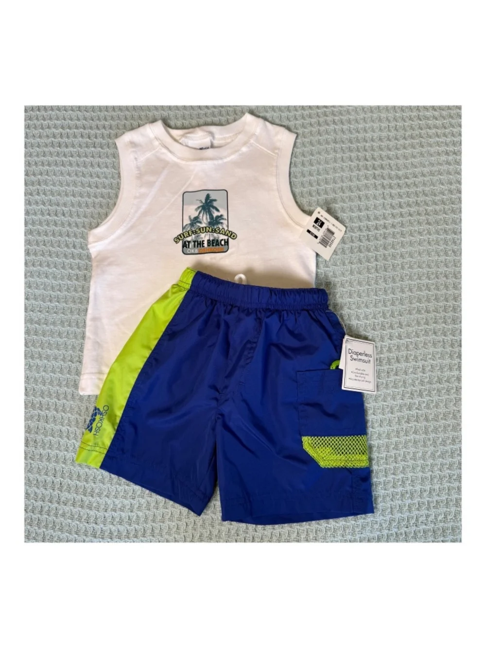 NWT Vintage Oshkosh B'Gosh Boys Swim Trunks Shorts Shirt 18M 24M 90s Y2K Outfit